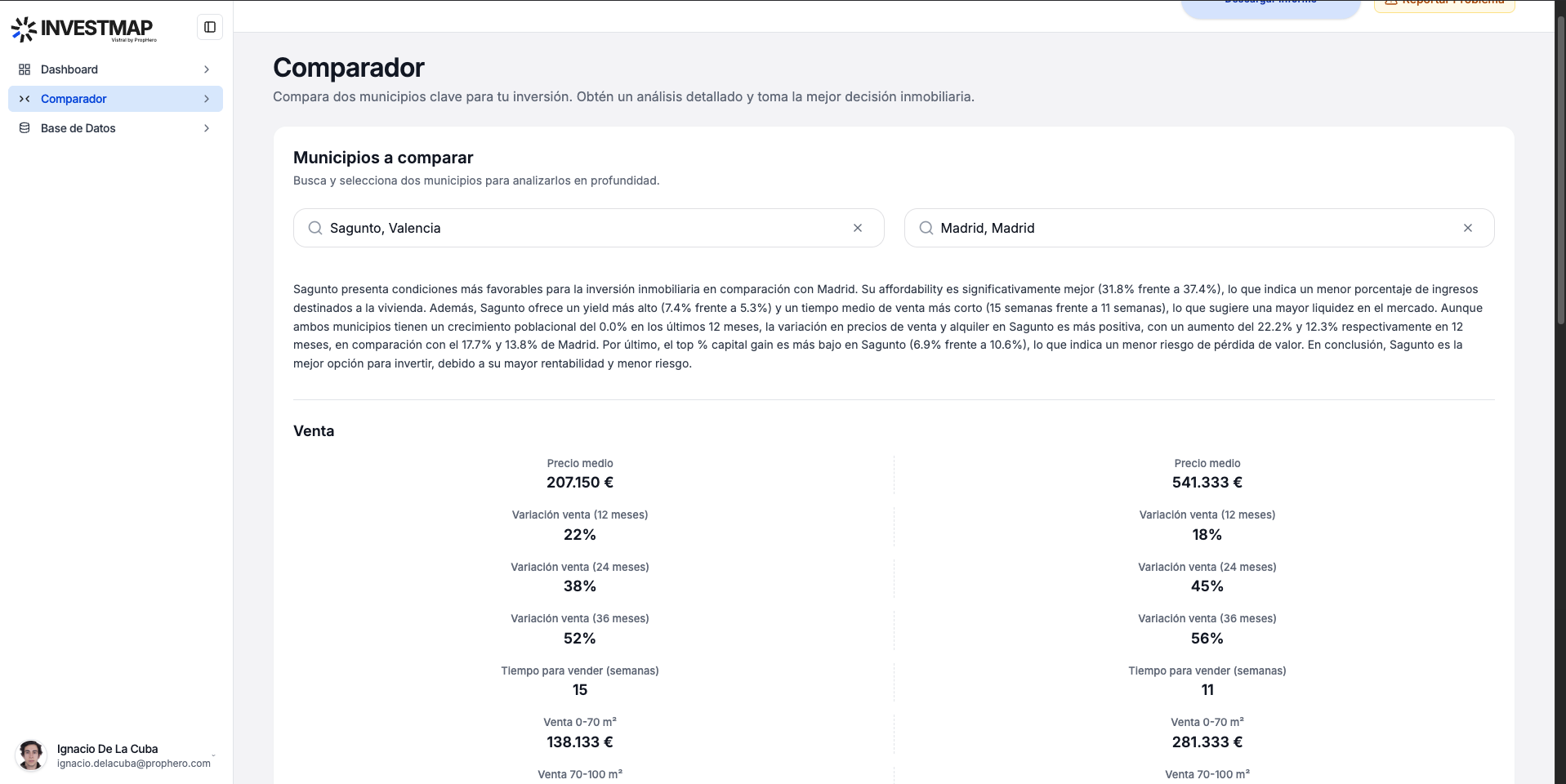 Municipality comparator in InvestMap: side-by-side KPIs to decide where to deploy capital.