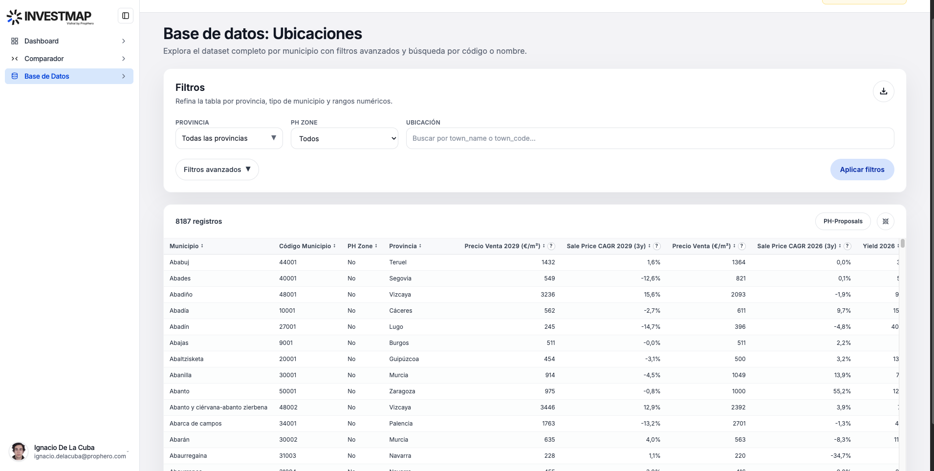 New Database View in InvestMap: direct access to granular records with filters and export.