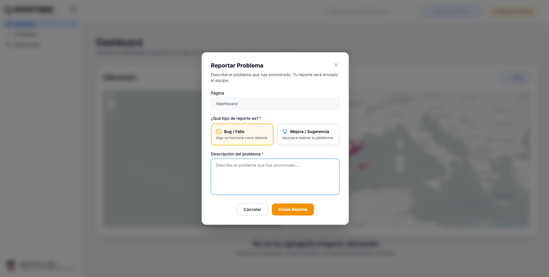 In-product issue and feedback button in InvestMap, integrated with ClickUp.